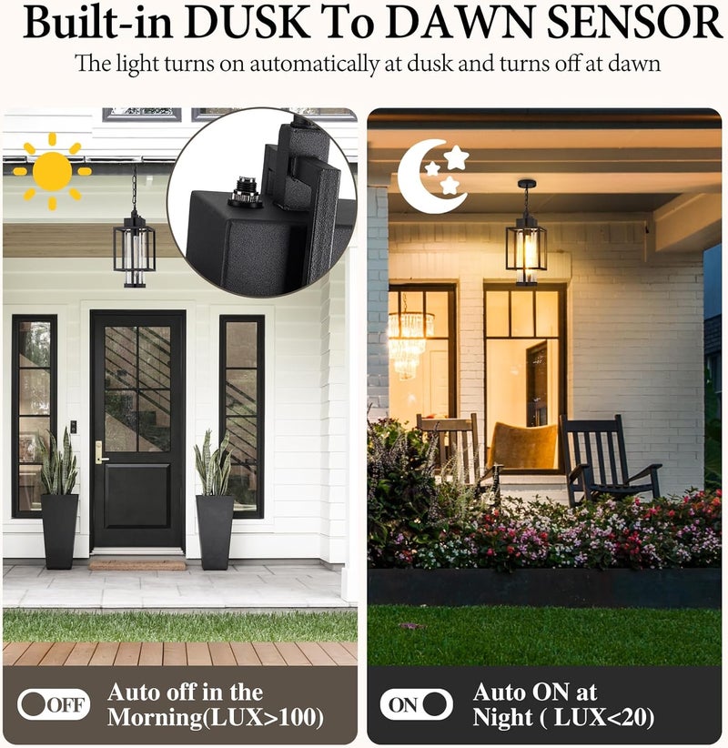 Osimir Outdoor Pendant Light, 16" Dusk to Dawn Exterior Chandelier Porch Hanging Light with Clear Glass, Modern Black Outdoor Hanging Lantern for Porchs Gazebo, OS-KY1006 - Image 1